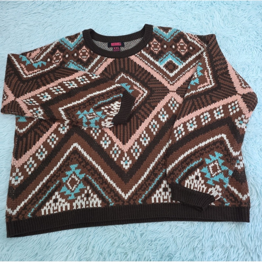 90s Southwestern Geometric Knit Crewneck Sweater Brown Turquoise Aztec XXL